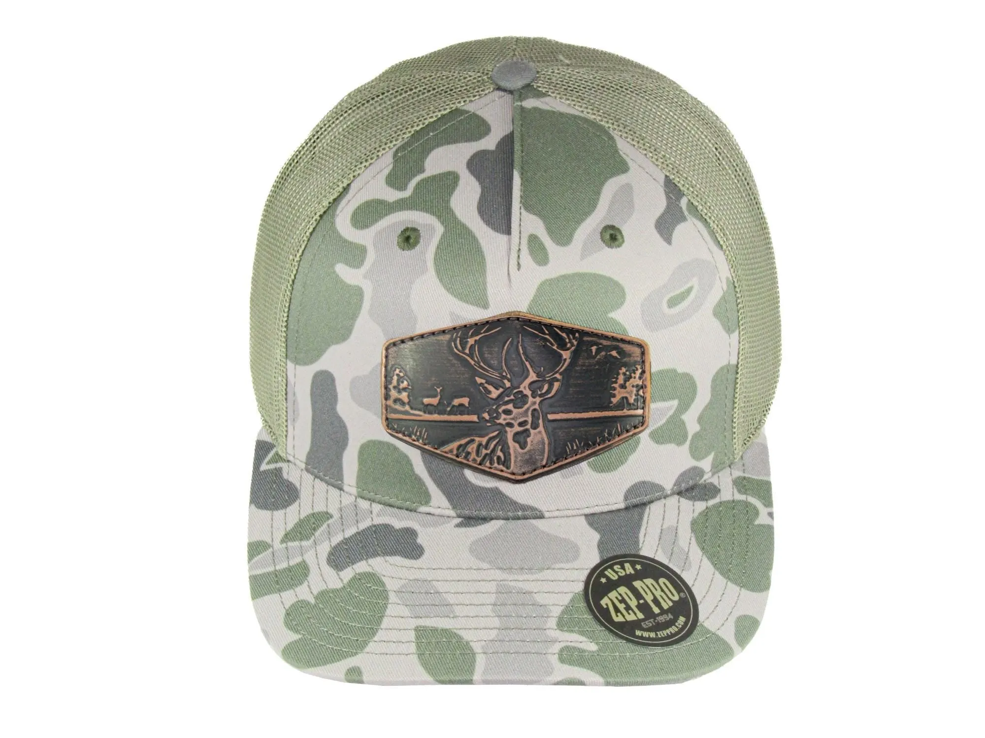 Buck Old School Camo Trucker Hat. Hand Burnished Full Grain Leather Patch. 5-Panel Richardson 112 Snapback Cap. Stitched Deer Leather Patch.