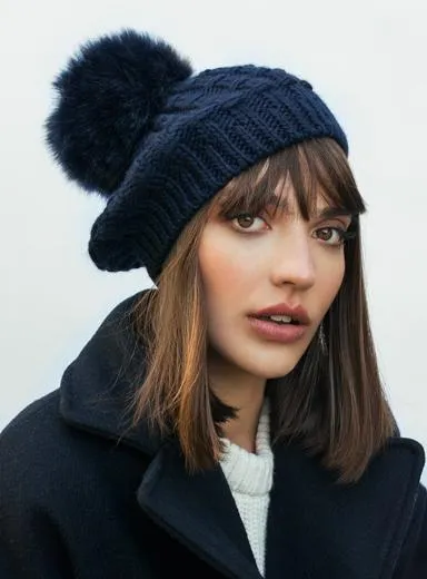 Cable Knit Beret Faux Fur
