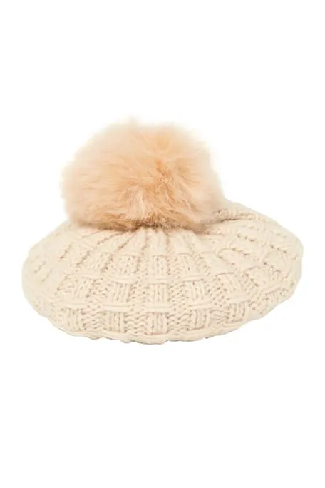 Cable Knit Beret Faux Fur