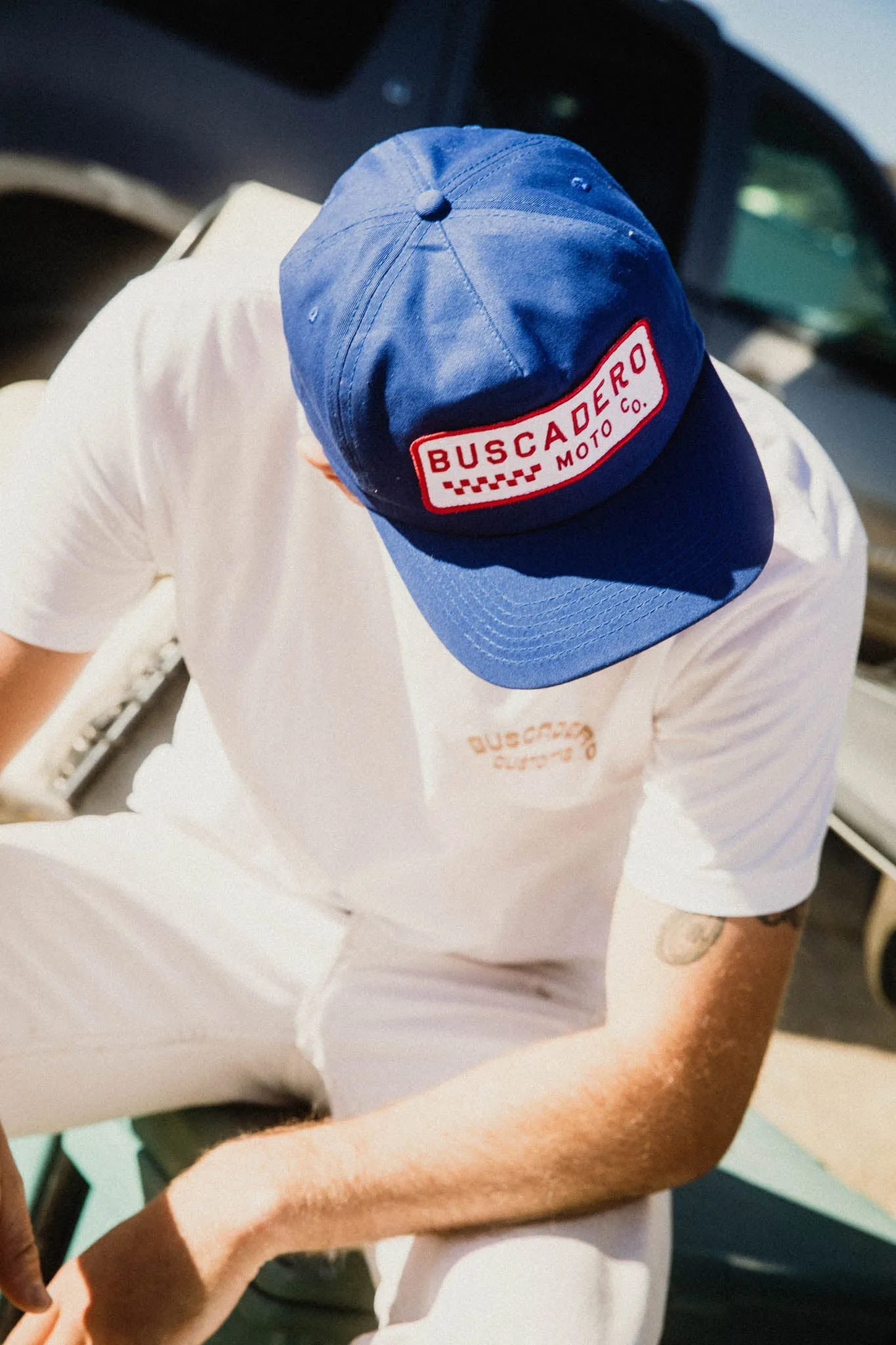 ‘Checker Moto’ Unstructured 5 panel Hat - Royal Blue