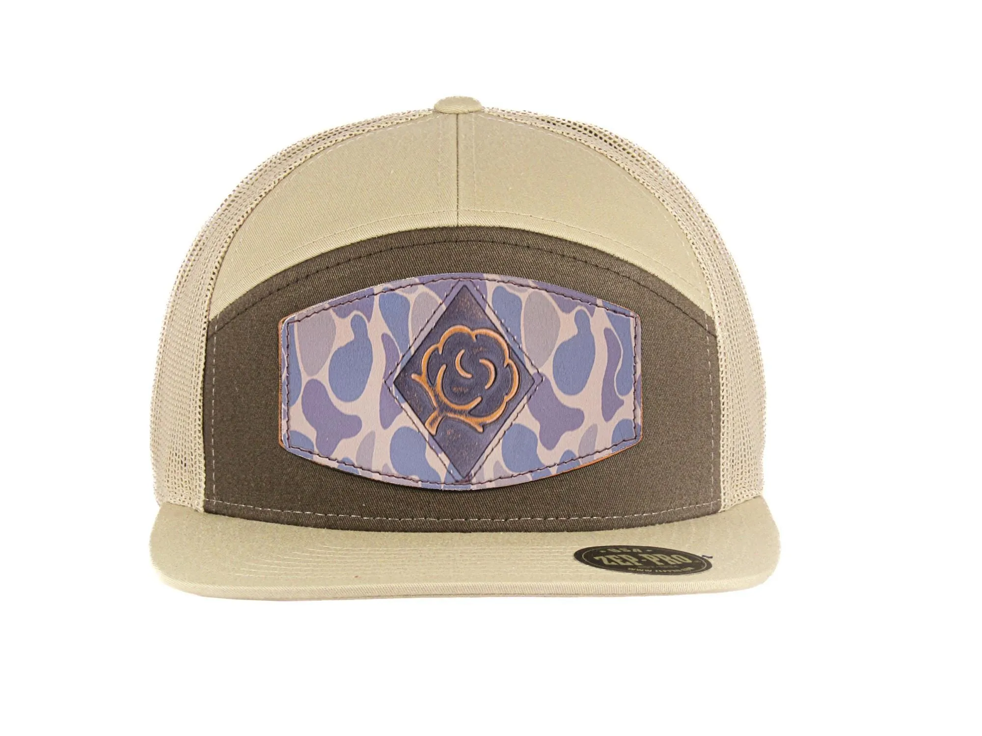 Cotton Boll Old School Camo Brown Leather Patch Hat. 7-Panel Modern Flat Bill Cap. Richardson 168 Snapback Hat. Hand Burnished Leather Patch.