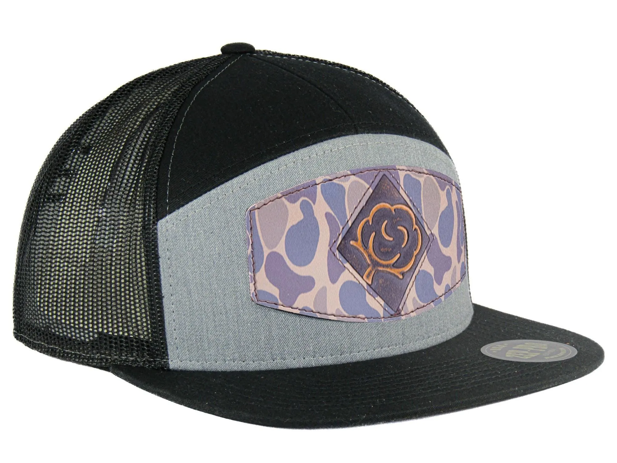 Cotton Boll Old School Camo Brown Leather Patch Hat. 7-Panel Modern Flat Bill Cap. Richardson 168 Snapback Hat. Hand Burnished Leather Patch.