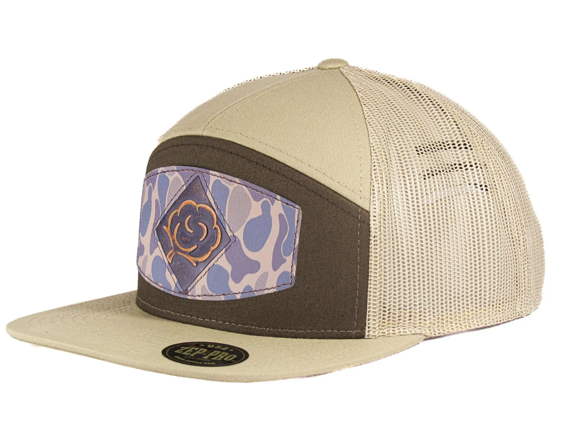 Cotton Boll Old School Camo Brown Leather Patch Hat. 7-Panel Modern Flat Bill Cap. Richardson 168 Snapback Hat. Hand Burnished Leather Patch.