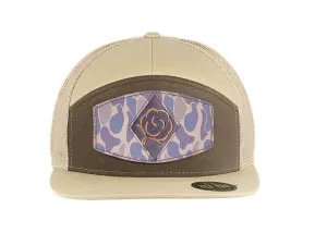 Cotton Boll Old School Camo Brown Leather Patch Hat. 7-Panel Modern Flat Bill Cap. Richardson 168 Snapback Hat. Hand Burnished Leather Patch.