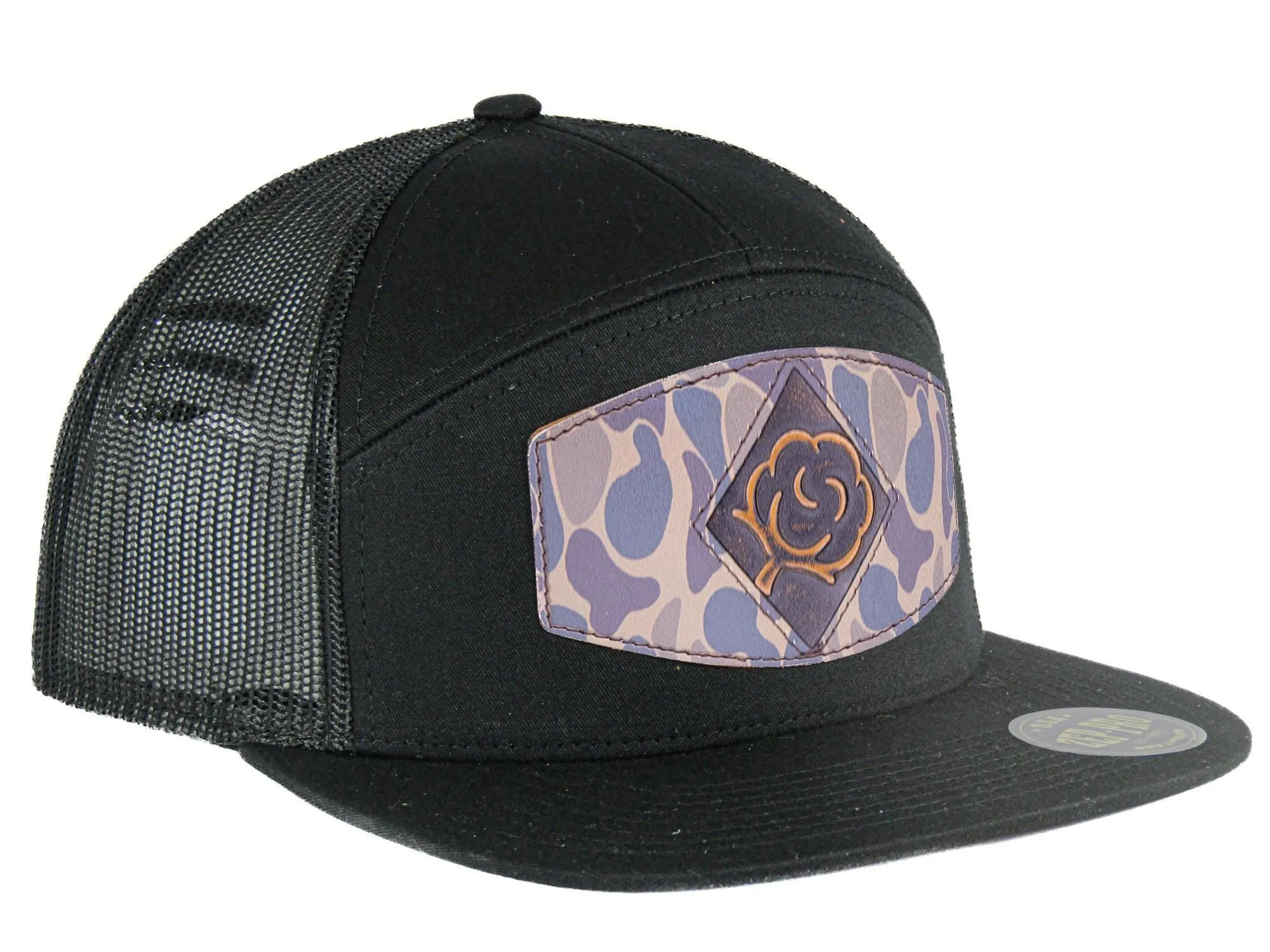 Cotton Boll Old School Camo Brown Leather Patch Hat. 7-Panel Modern Flat Bill Cap. Richardson 168 Snapback Hat. Hand Burnished Leather Patch.