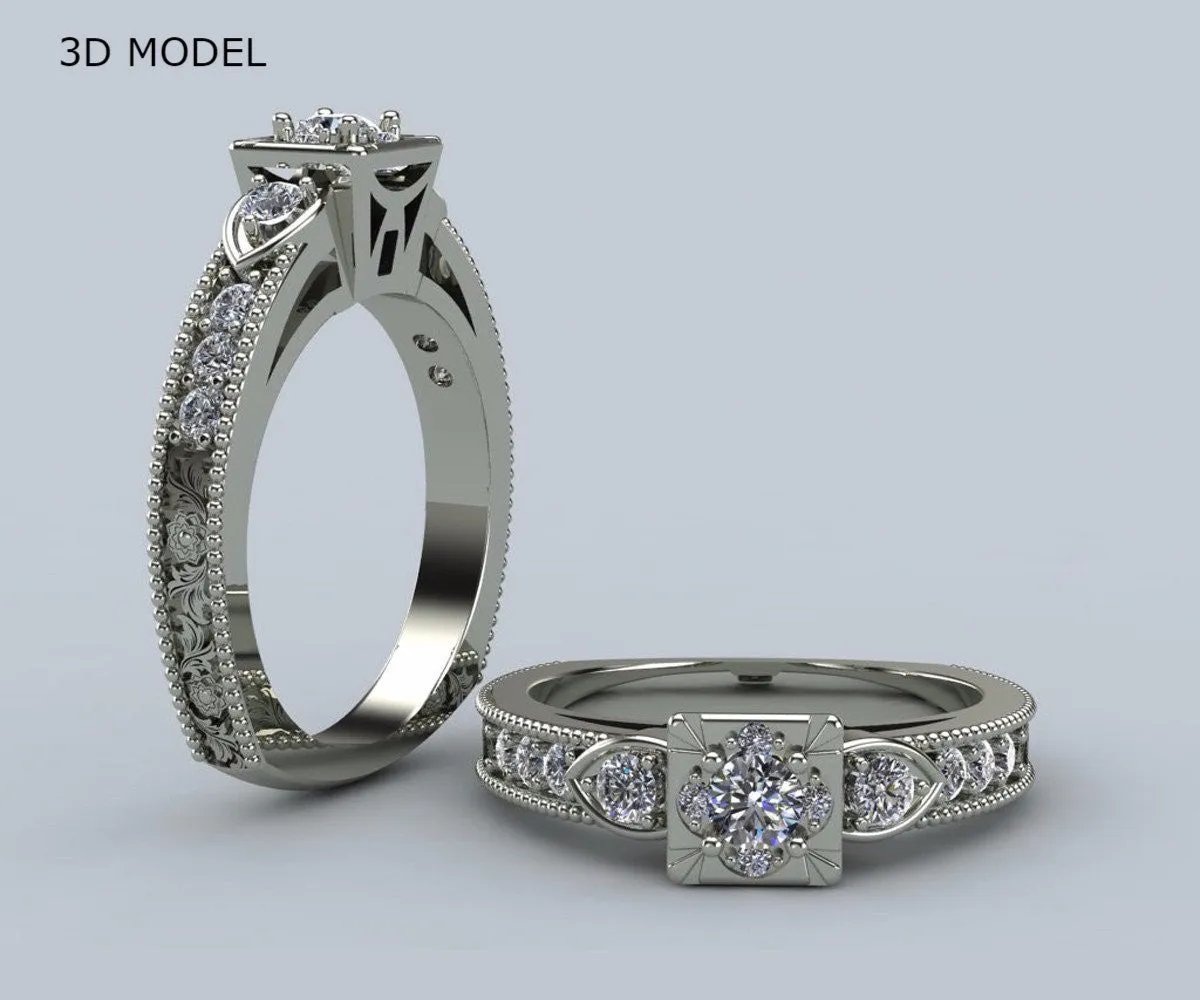 Custom Vintage Square Halo Engagement Ring