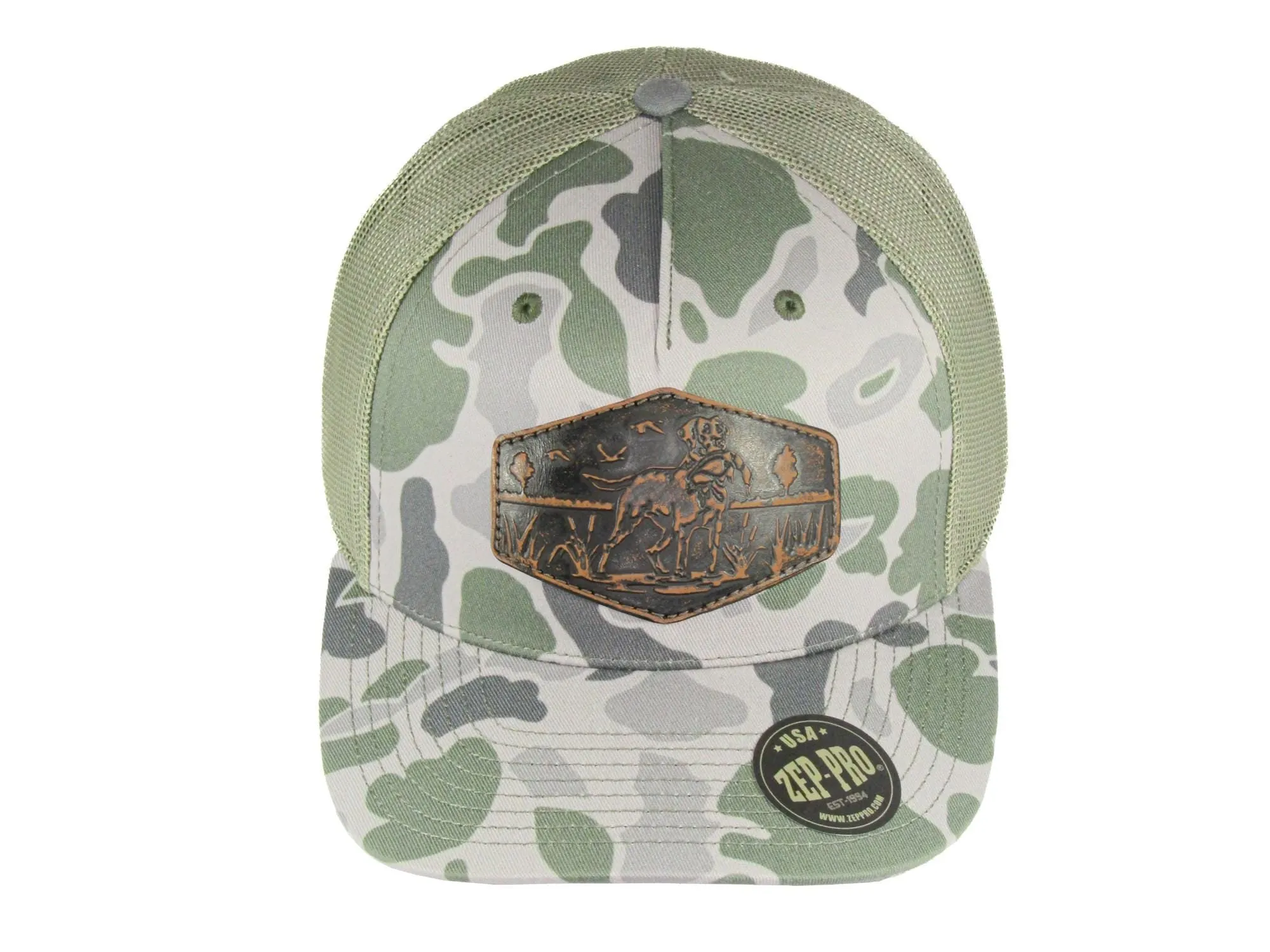 Dog Old School Camo Trucker Hat. Hand Burnished Full Grain Leather Patch. 5-Panel Richardson 112 Snapback Cap. Stitched Dog Leather Patch.