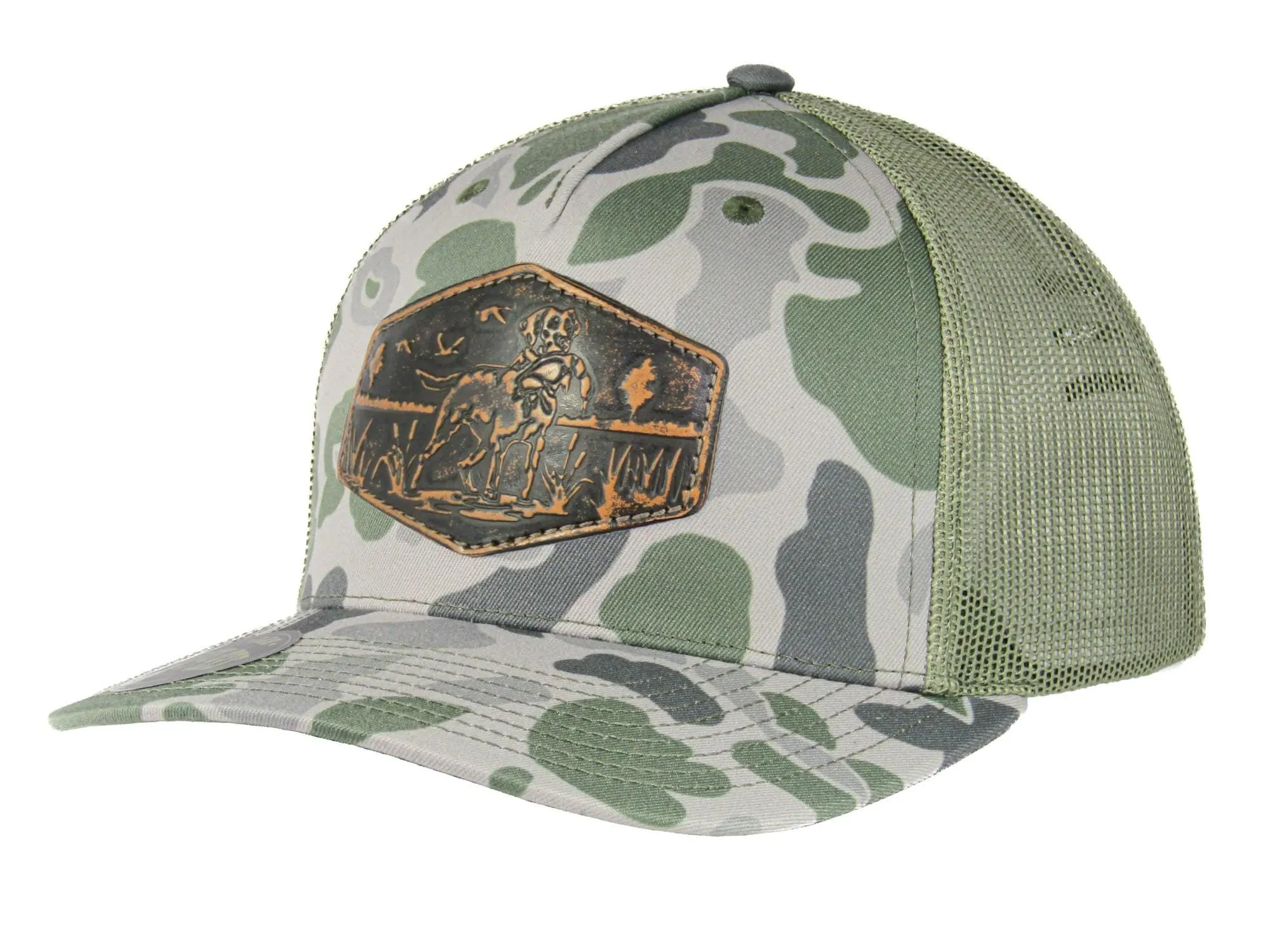 Dog Old School Camo Trucker Hat. Hand Burnished Full Grain Leather Patch. 5-Panel Richardson 112 Snapback Cap. Stitched Dog Leather Patch.