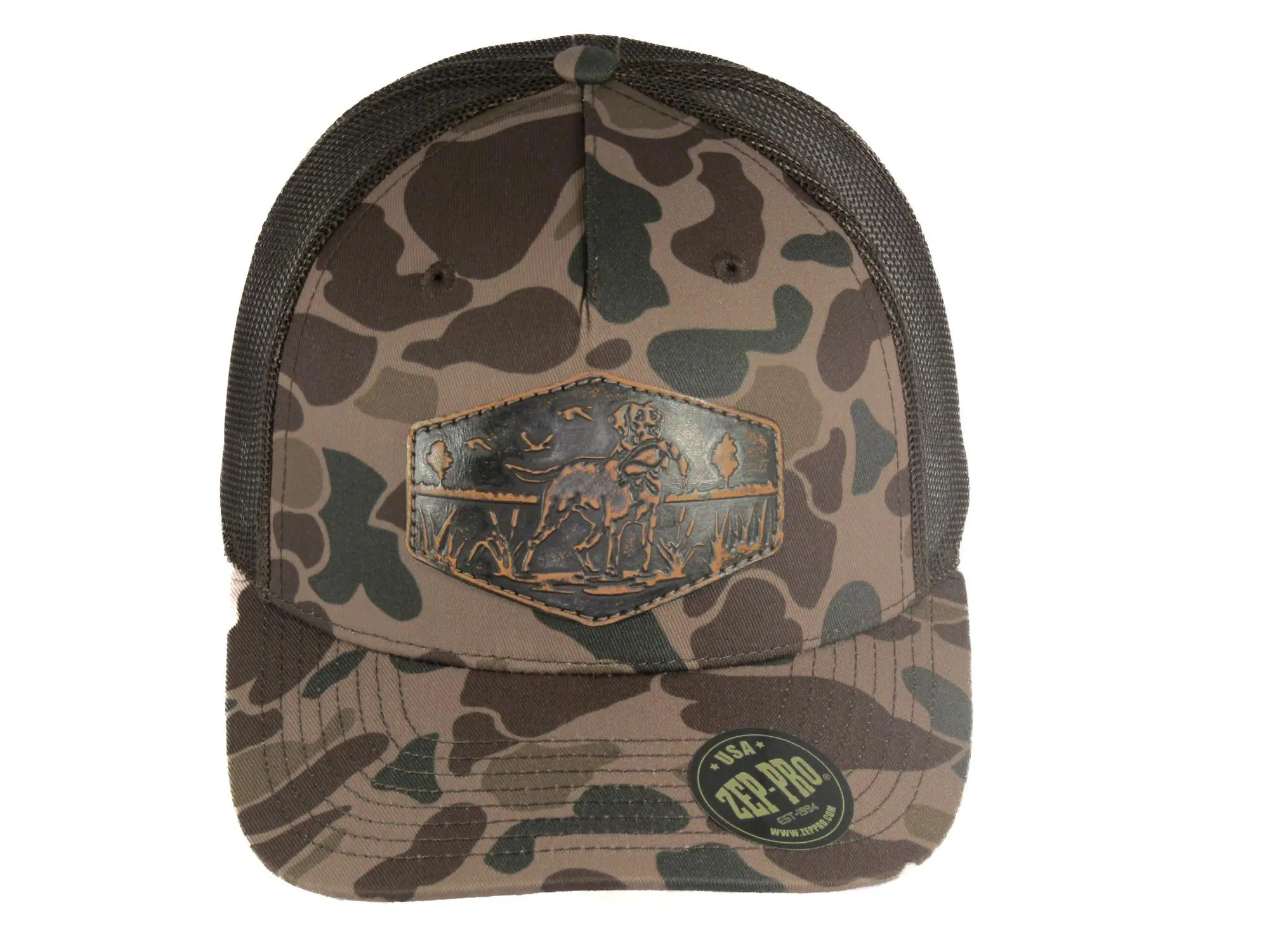 Dog Old School Camo Trucker Hat. Hand Burnished Full Grain Leather Patch. 5-Panel Richardson 112 Snapback Cap. Stitched Dog Leather Patch.