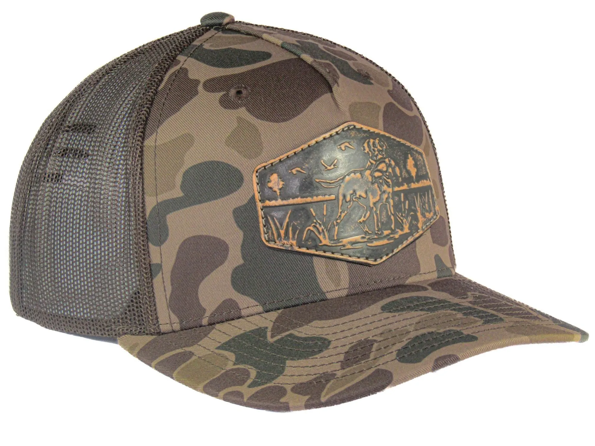 Dog Old School Camo Trucker Hat. Hand Burnished Full Grain Leather Patch. 5-Panel Richardson 112 Snapback Cap. Stitched Dog Leather Patch.