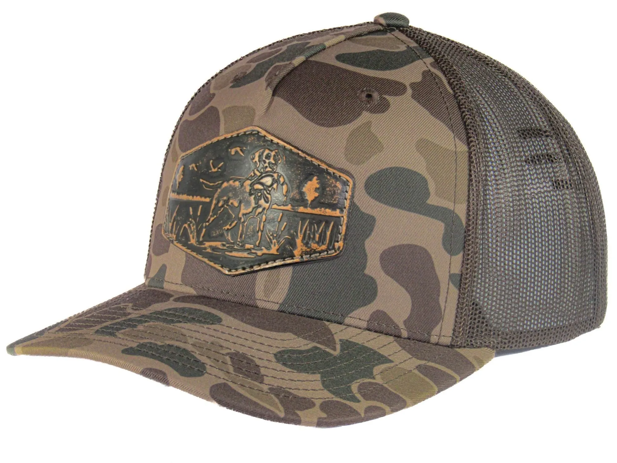 Dog Old School Camo Trucker Hat. Hand Burnished Full Grain Leather Patch. 5-Panel Richardson 112 Snapback Cap. Stitched Dog Leather Patch.