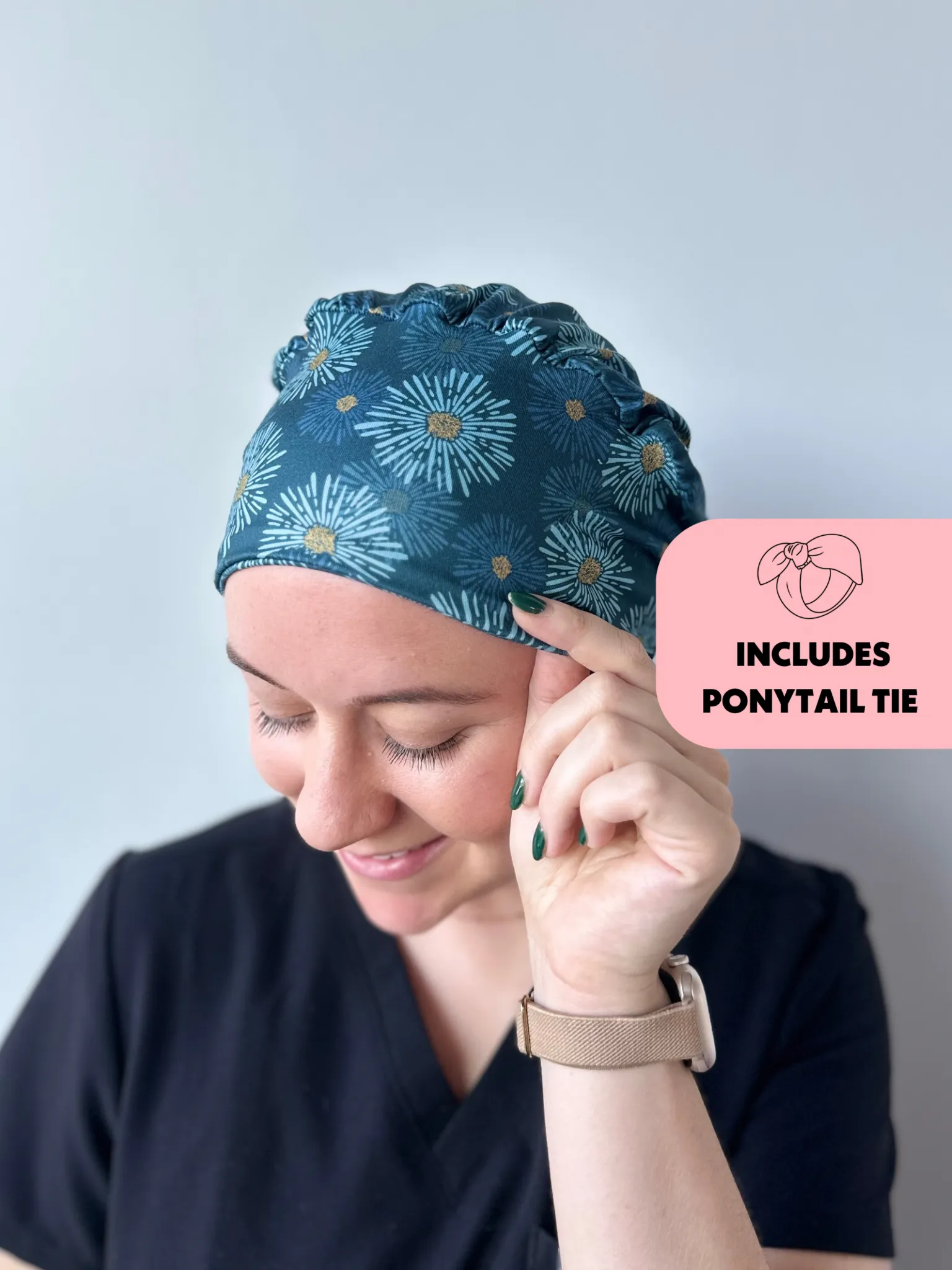 DuoStyle Scrub Hat - Teal Flower Bursts
