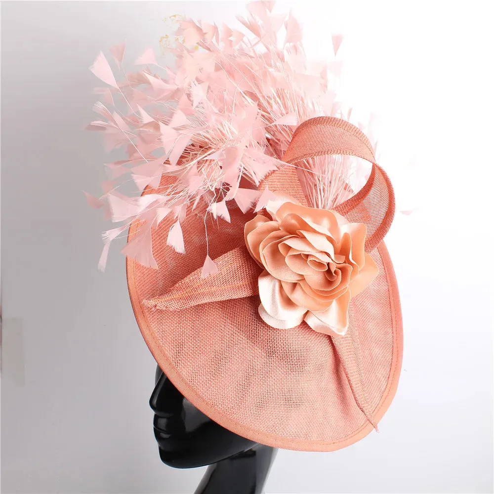Elegant Hot pink Feather Fascinator Wedding Bridal HairClip Event Hat For Party Cocktail Headpiece Lady Floral Pattern HeadWear