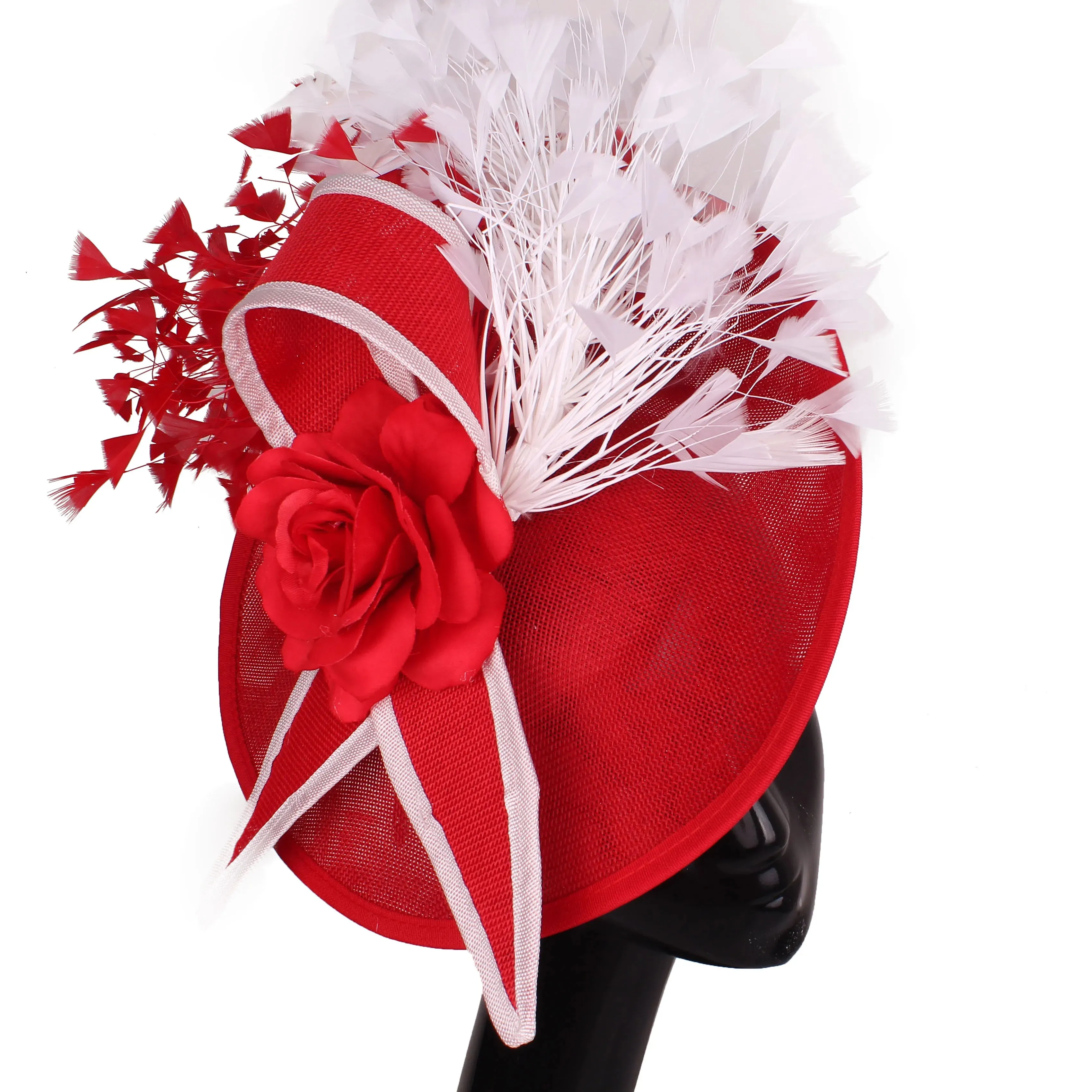 Elegant Hot pink Feather Fascinator Wedding Bridal HairClip Event Hat For Party Cocktail Headpiece Lady Floral Pattern HeadWear
