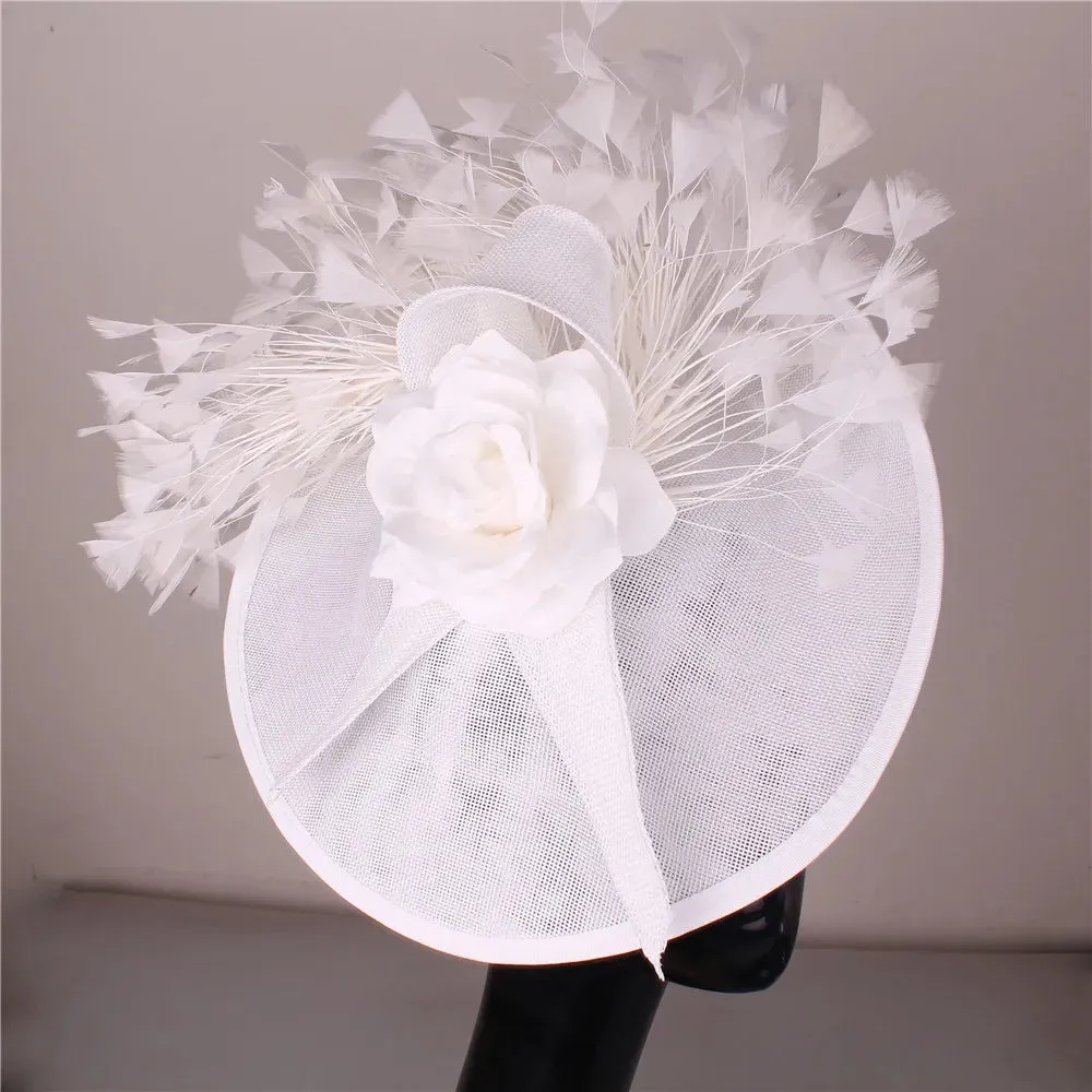 Elegant Hot pink Feather Fascinator Wedding Bridal HairClip Event Hat For Party Cocktail Headpiece Lady Floral Pattern HeadWear