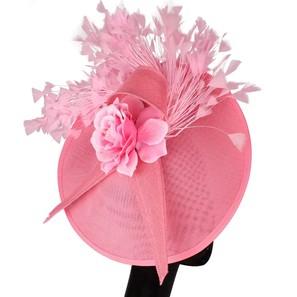 Elegant Hot pink Feather Fascinator Wedding Bridal HairClip Event Hat For Party Cocktail Headpiece Lady Floral Pattern HeadWear