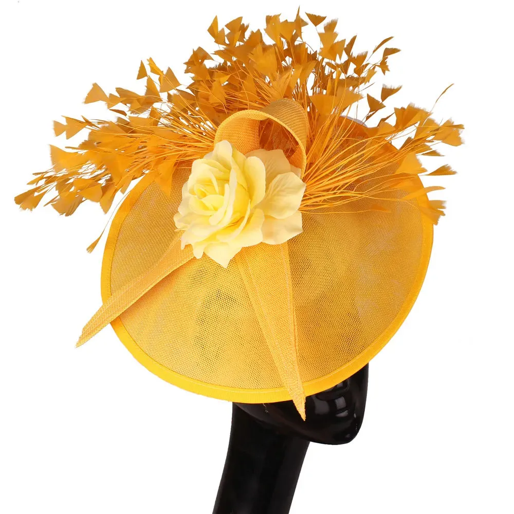 Elegant Hot pink Feather Fascinator Wedding Bridal HairClip Event Hat For Party Cocktail Headpiece Lady Floral Pattern HeadWear
