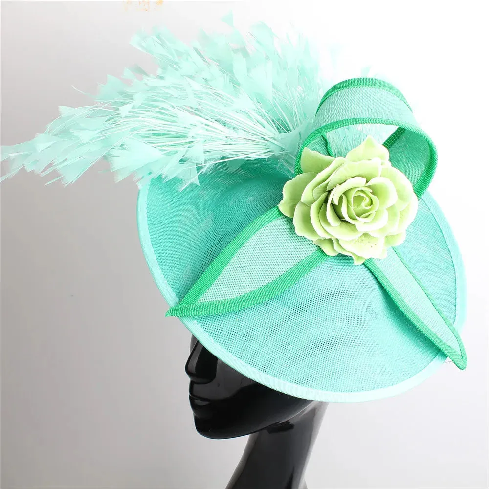 Elegant Hot pink Feather Fascinator Wedding Bridal HairClip Event Hat For Party Cocktail Headpiece Lady Floral Pattern HeadWear