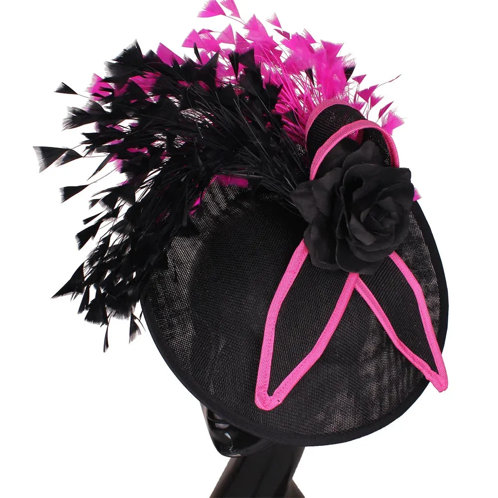Elegant Hot pink Feather Fascinator Wedding Bridal HairClip Event Hat For Party Cocktail Headpiece Lady Floral Pattern HeadWear