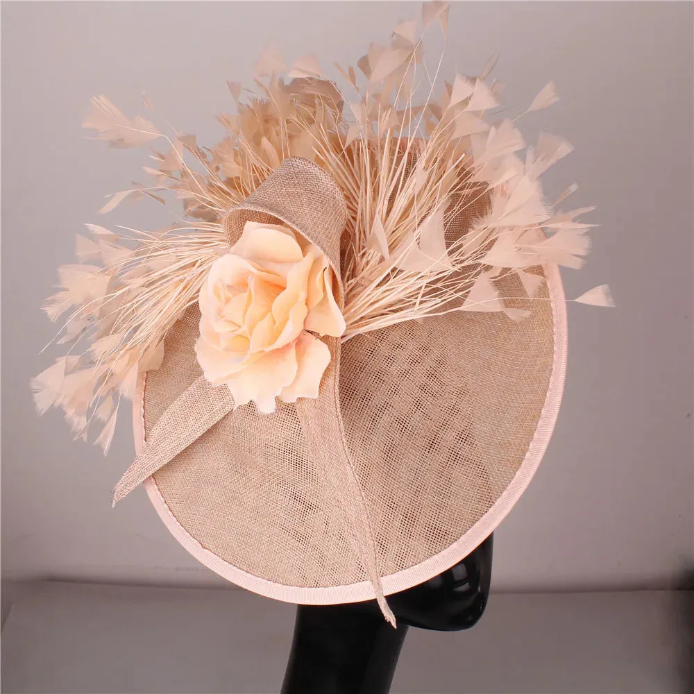 Elegant Hot pink Feather Fascinator Wedding Bridal HairClip Event Hat For Party Cocktail Headpiece Lady Floral Pattern HeadWear
