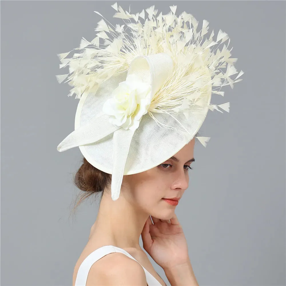 Elegant Hot pink Feather Fascinator Wedding Bridal HairClip Event Hat For Party Cocktail Headpiece Lady Floral Pattern HeadWear