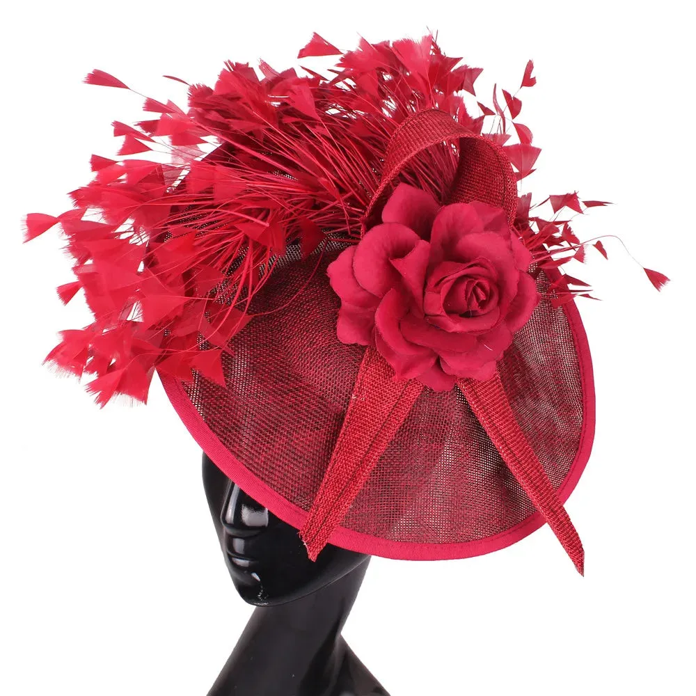 Elegant Hot pink Feather Fascinator Wedding Bridal HairClip Event Hat For Party Cocktail Headpiece Lady Floral Pattern HeadWear
