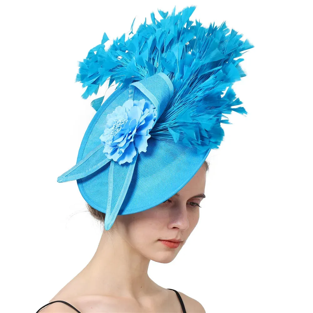 Elegant Hot pink Feather Fascinator Wedding Bridal HairClip Event Hat For Party Cocktail Headpiece Lady Floral Pattern HeadWear