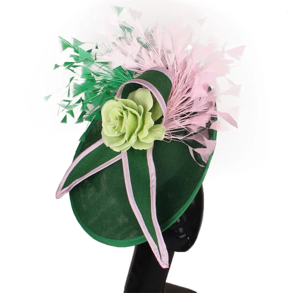 Elegant Hot pink Feather Fascinator Wedding Bridal HairClip Event Hat For Party Cocktail Headpiece Lady Floral Pattern HeadWear