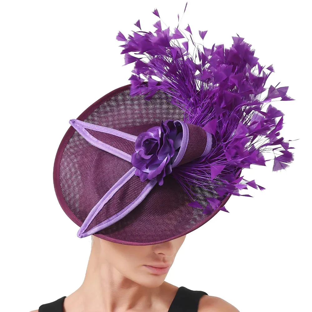 Elegant Hot pink Feather Fascinator Wedding Bridal HairClip Event Hat For Party Cocktail Headpiece Lady Floral Pattern HeadWear