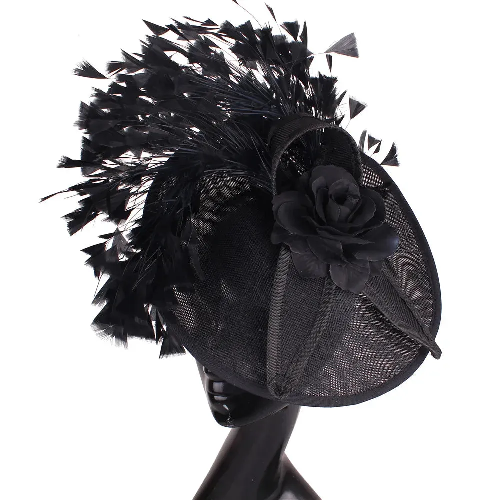 Elegant Hot pink Feather Fascinator Wedding Bridal HairClip Event Hat For Party Cocktail Headpiece Lady Floral Pattern HeadWear