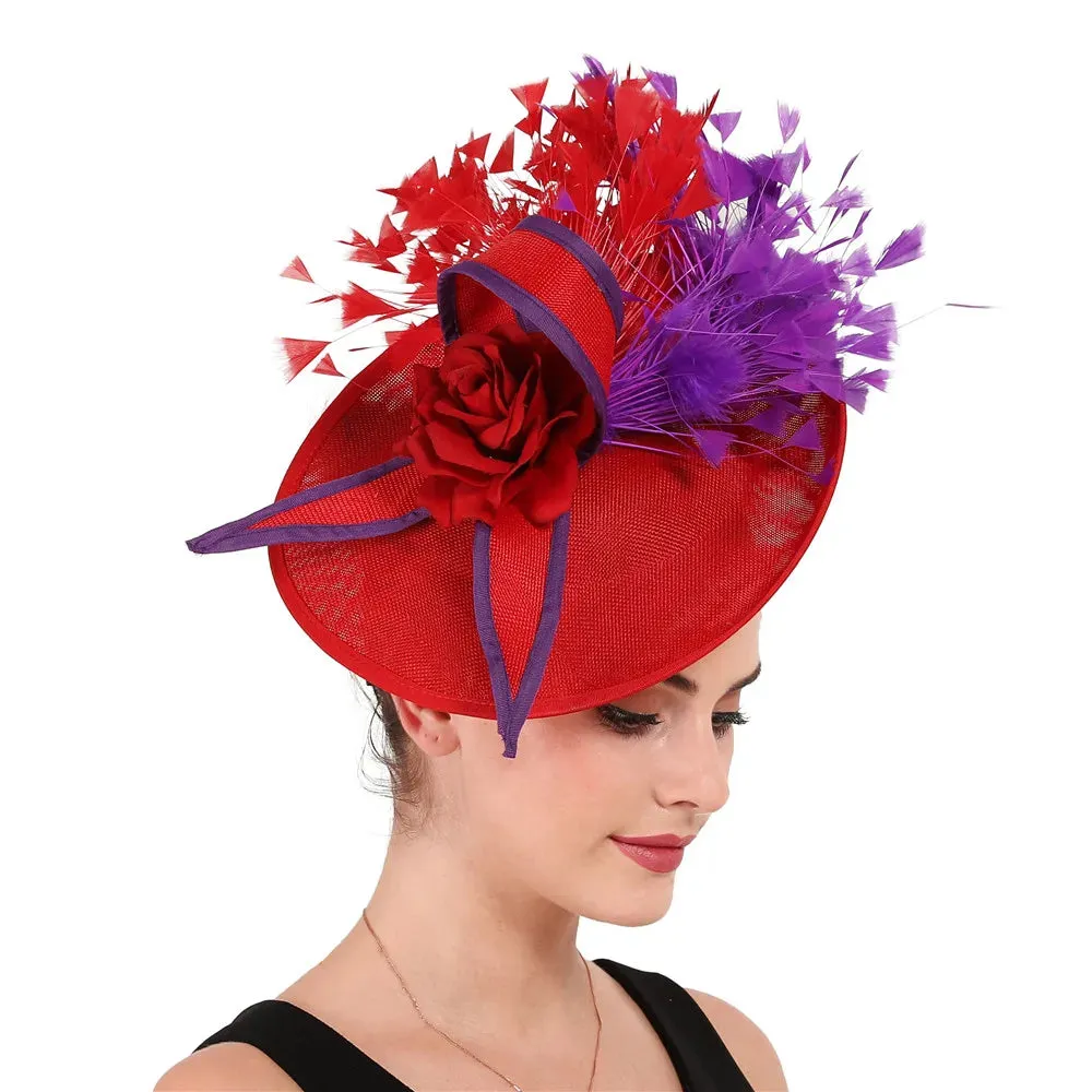 Elegant Hot pink Feather Fascinator Wedding Bridal HairClip Event Hat For Party Cocktail Headpiece Lady Floral Pattern HeadWear