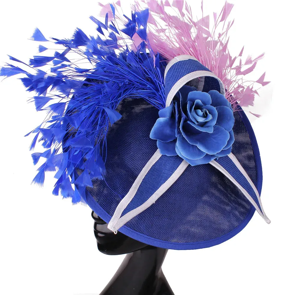 Elegant Hot pink Feather Fascinator Wedding Bridal HairClip Event Hat For Party Cocktail Headpiece Lady Floral Pattern HeadWear