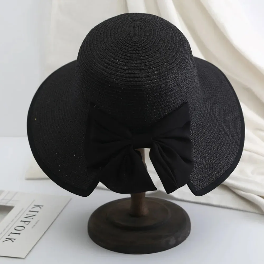 Elegant Womens Straw Hat Lady Beach Hat Summer Sun Floppy Wide Brim Foldable Bucket Cap Sunscreen Hat For Outdoor Camping Hiking