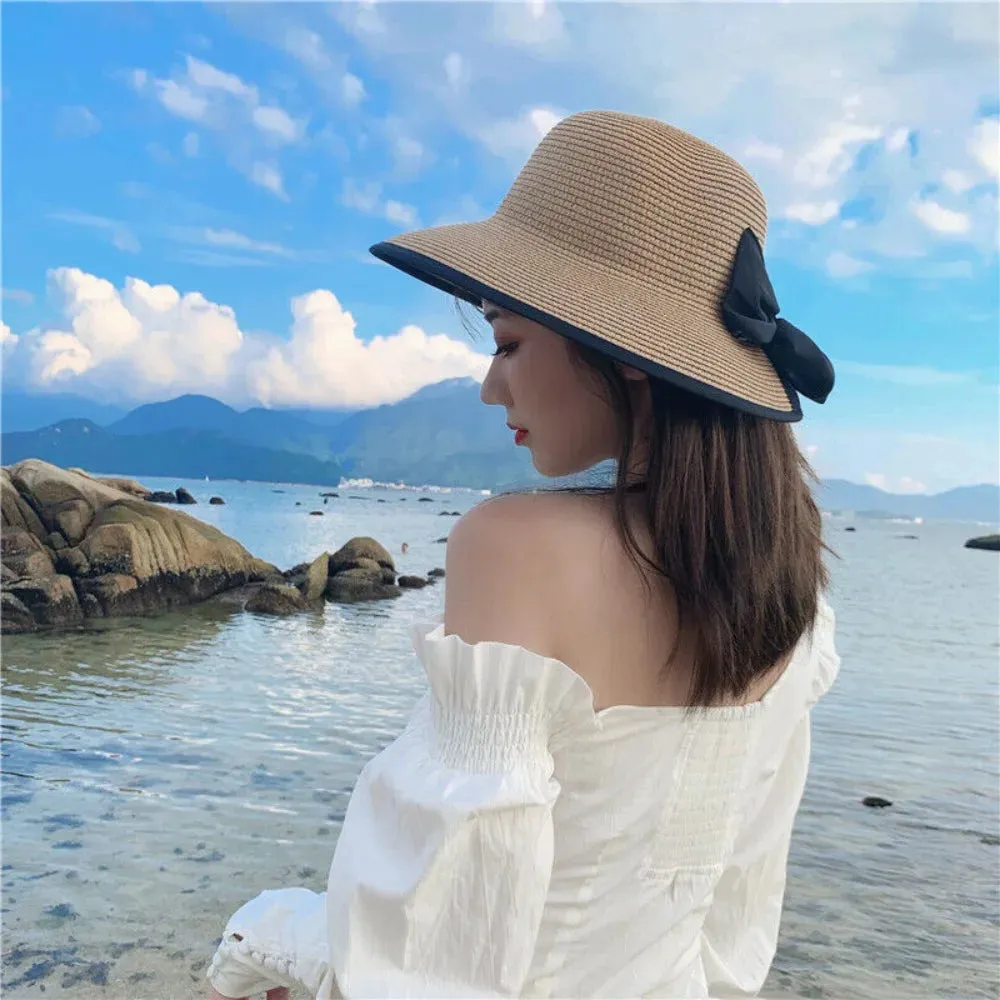 Elegant Womens Straw Hat Lady Beach Hat Summer Sun Floppy Wide Brim Foldable Bucket Cap Sunscreen Hat For Outdoor Camping Hiking