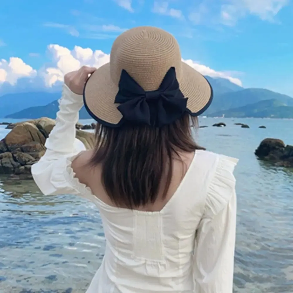Elegant Womens Straw Hat Lady Beach Hat Summer Sun Floppy Wide Brim Foldable Bucket Cap Sunscreen Hat For Outdoor Camping Hiking