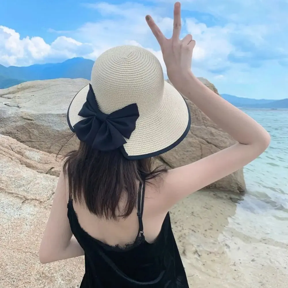 Elegant Womens Straw Hat Lady Beach Hat Summer Sun Floppy Wide Brim Foldable Bucket Cap Sunscreen Hat For Outdoor Camping Hiking
