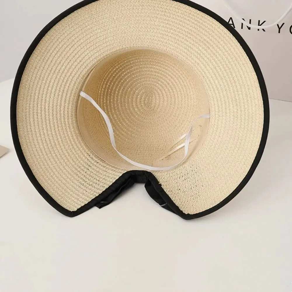 Elegant Womens Straw Hat Lady Beach Hat Summer Sun Floppy Wide Brim Foldable Bucket Cap Sunscreen Hat For Outdoor Camping Hiking