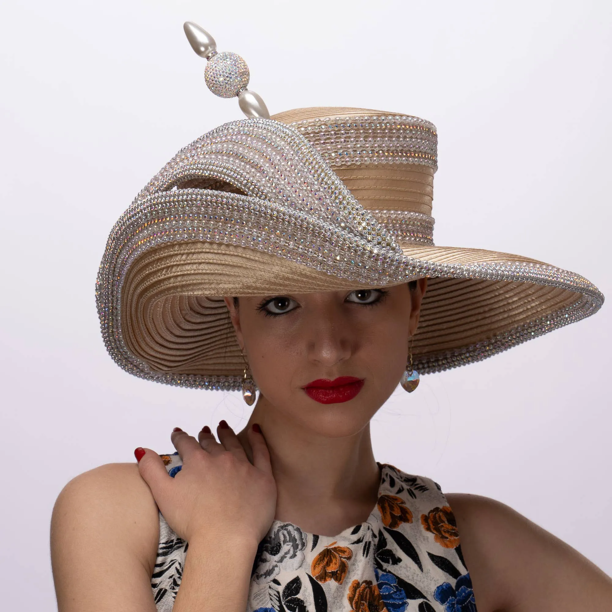 Extended Off Face Mad Hatter Brim with Rhinestones:Lt. Gold