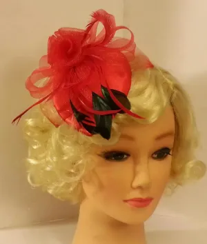Fascinator hat, 40s 50s  #RED Teardrop hat. RED & BLACK feather Fascinator  Race, Cocktail party, Prom hat . Wedding feather fascinator