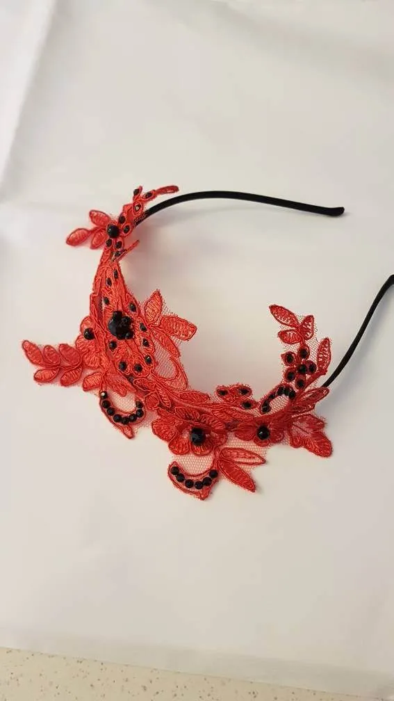 Fascinator Vintage Red, Black Lace Headband Fascinator