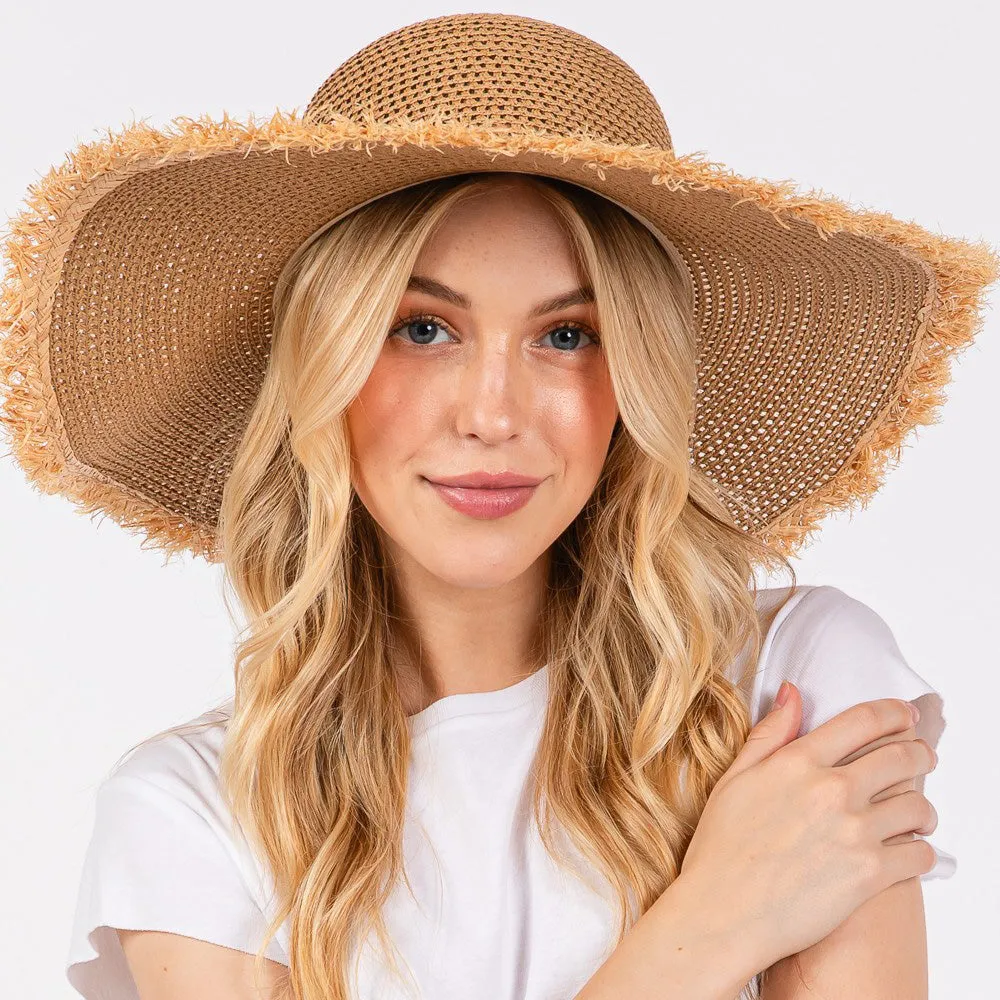 Frayed Edge Floppy Straw Sun Hat Tan