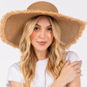 Frayed Edge Floppy Straw Sun Hat Tan
