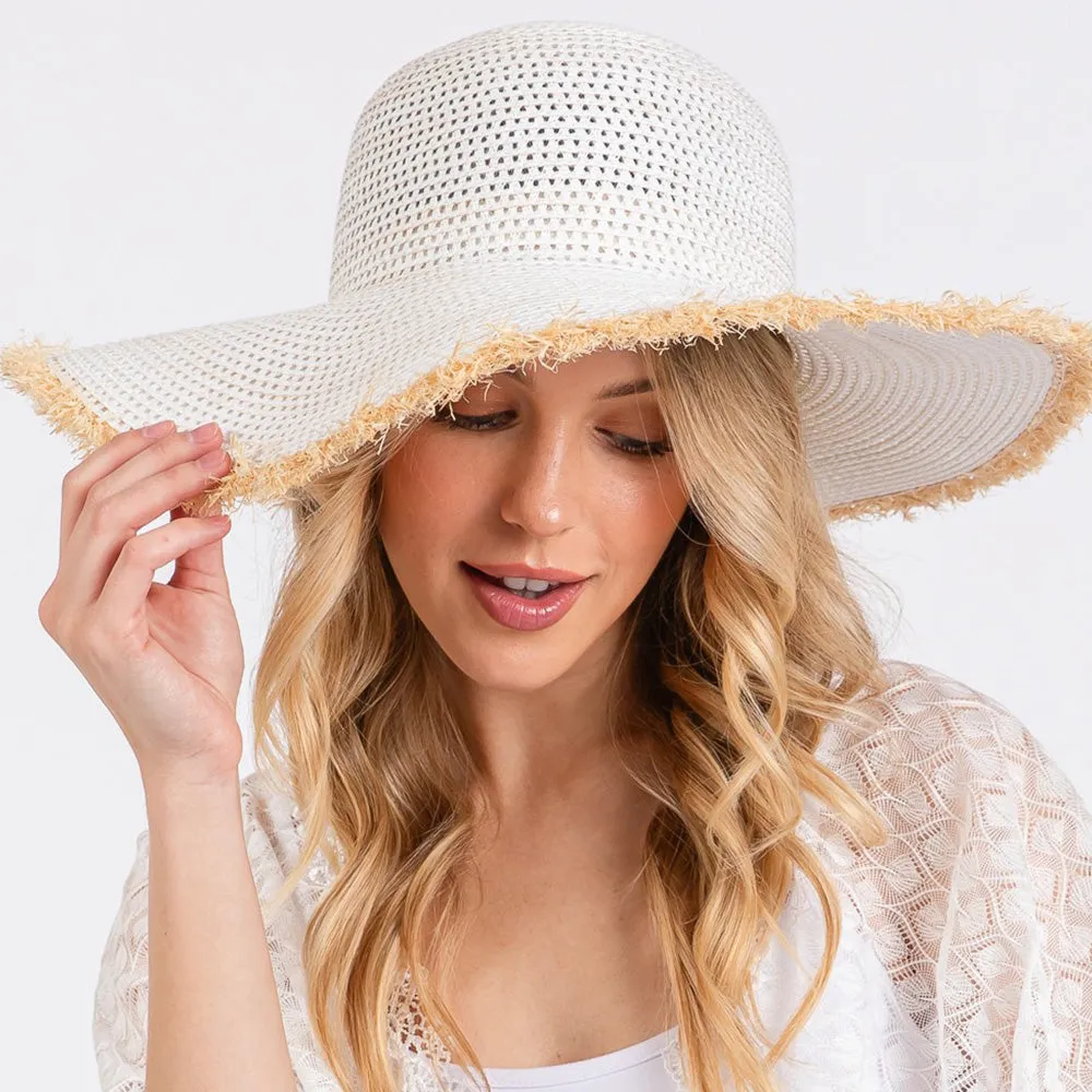 Frayed Edge Floppy Straw Sun Hat White