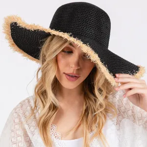 Frayed Edge Floppy Straw Sun Hatn Black
