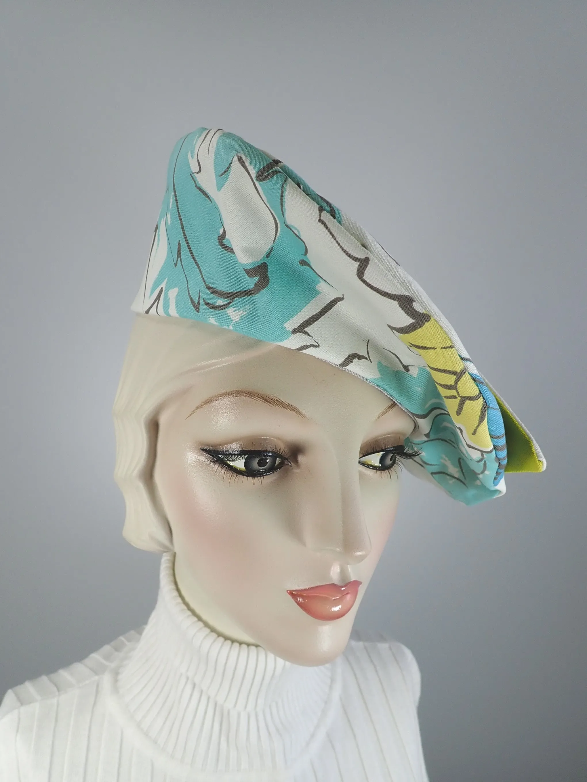 Funky fun beret Hat 1940s style. Colorful Floral asymmetrical beret hat. Sustainable fabric Statement hat. Soft fabric beret.