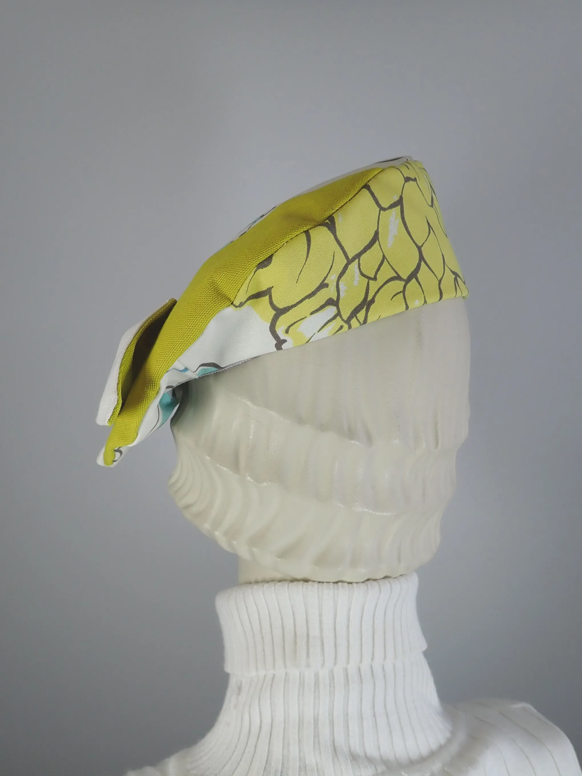 Funky fun beret Hat 1940s style. Colorful Floral asymmetrical beret hat. Sustainable fabric Statement hat. Soft fabric beret.