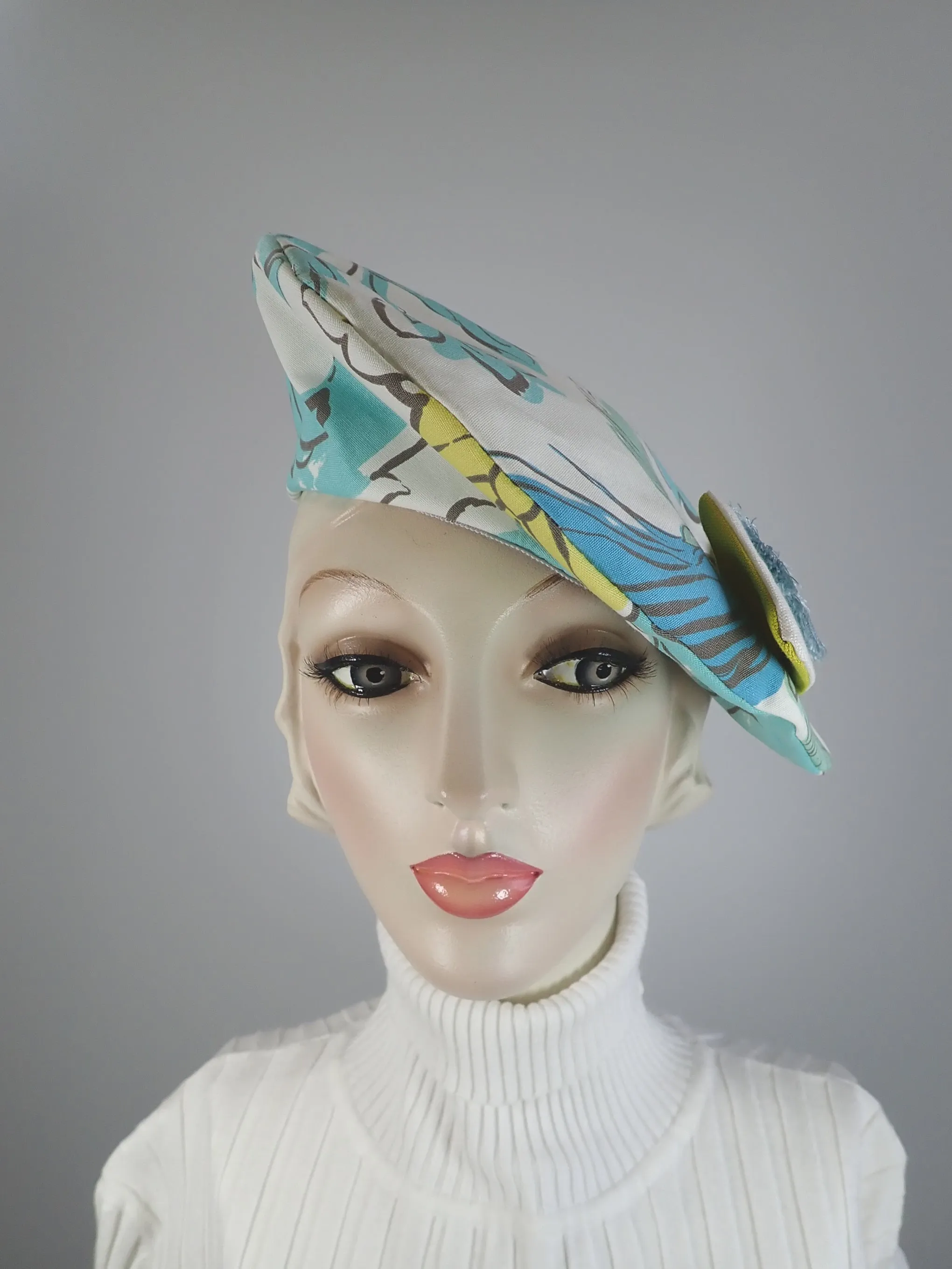 Funky fun beret Hat 1940s style. Colorful Floral asymmetrical beret hat. Sustainable fabric Statement hat. Soft fabric beret.
