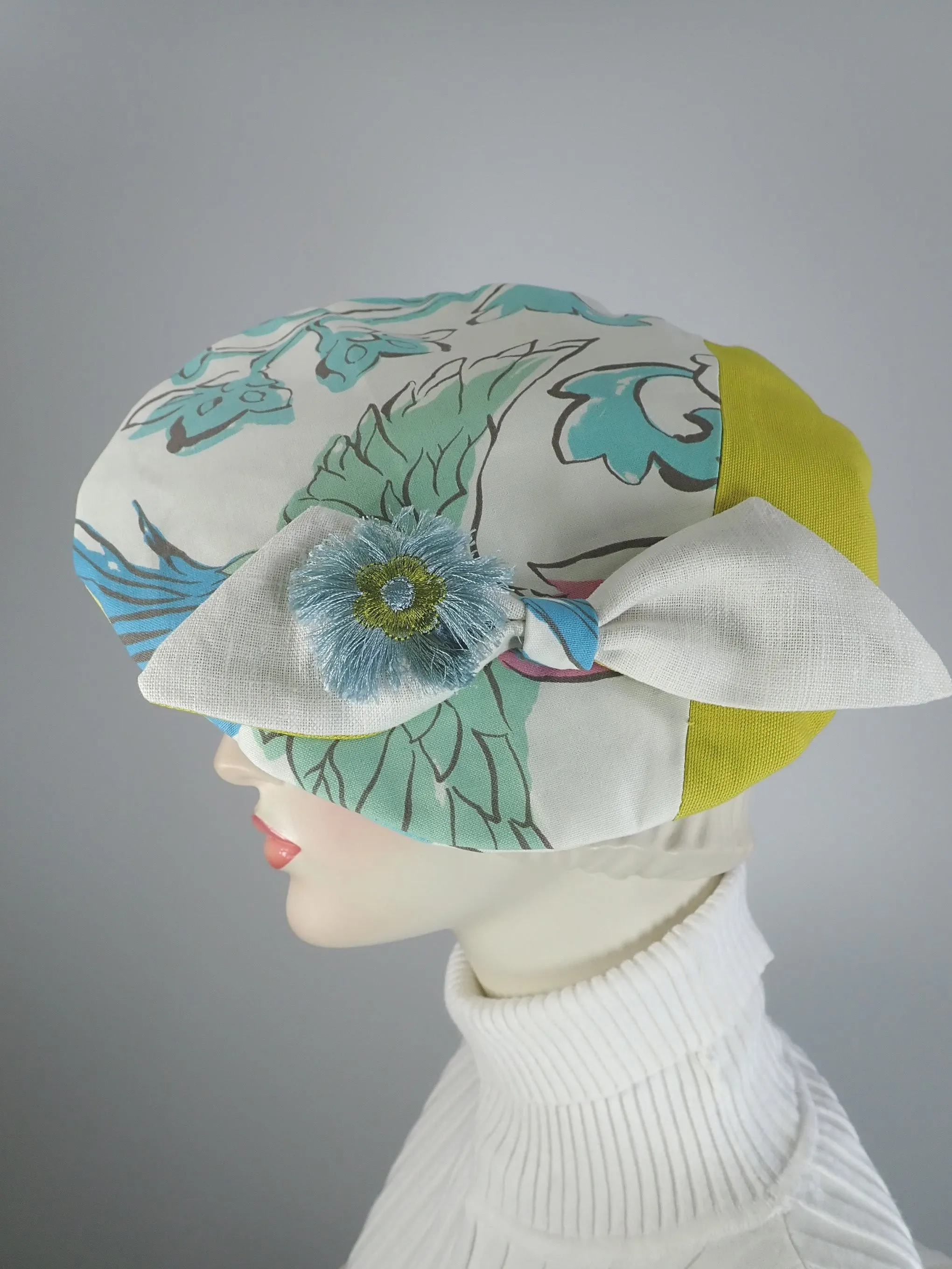 Funky fun beret Hat 1940s style. Colorful Floral asymmetrical beret hat. Sustainable fabric Statement hat. Soft fabric beret.