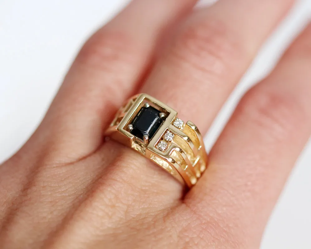 Geometric Cutout Gold Black Diamond Mens Ring