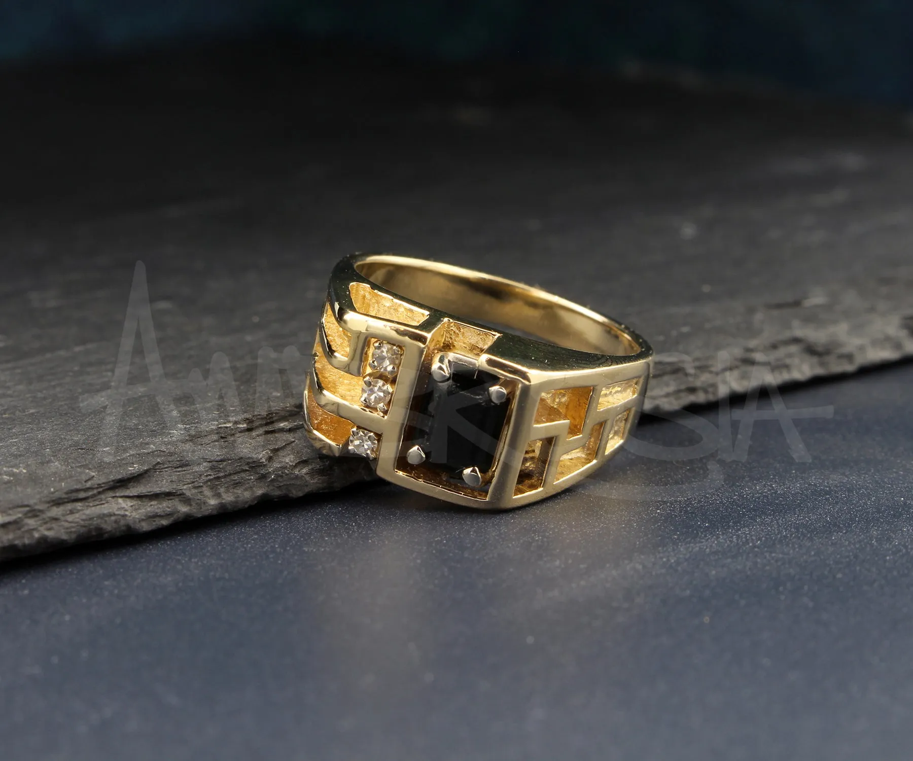 Geometric Cutout Gold Black Diamond Mens Ring